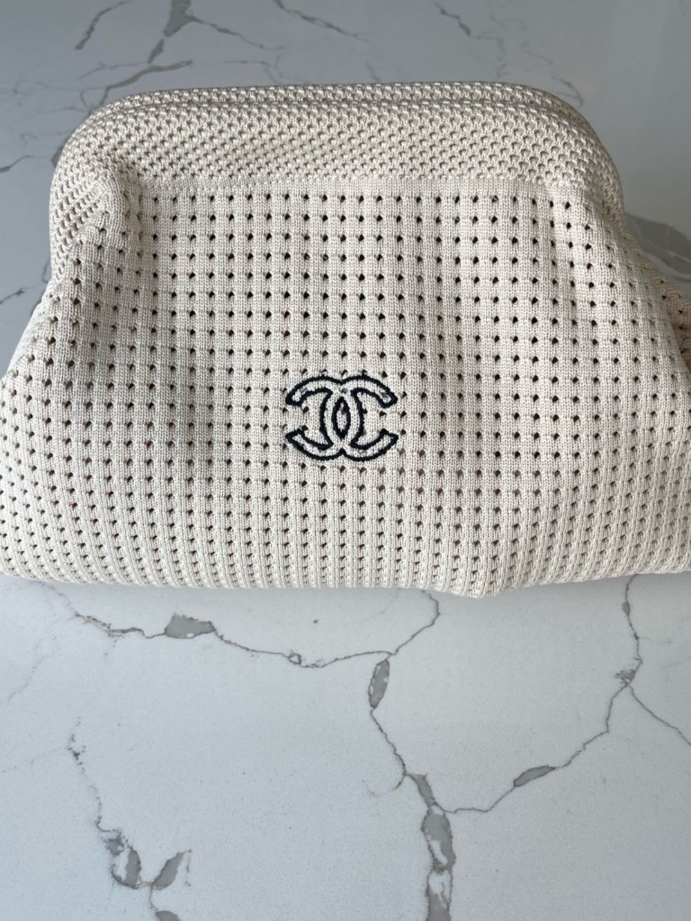 C Cream Quilted Knit Cosmetic Pouch with Black CC Logo
